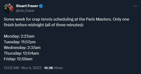 Tweet from Stuart Fraser on Paris Masters
